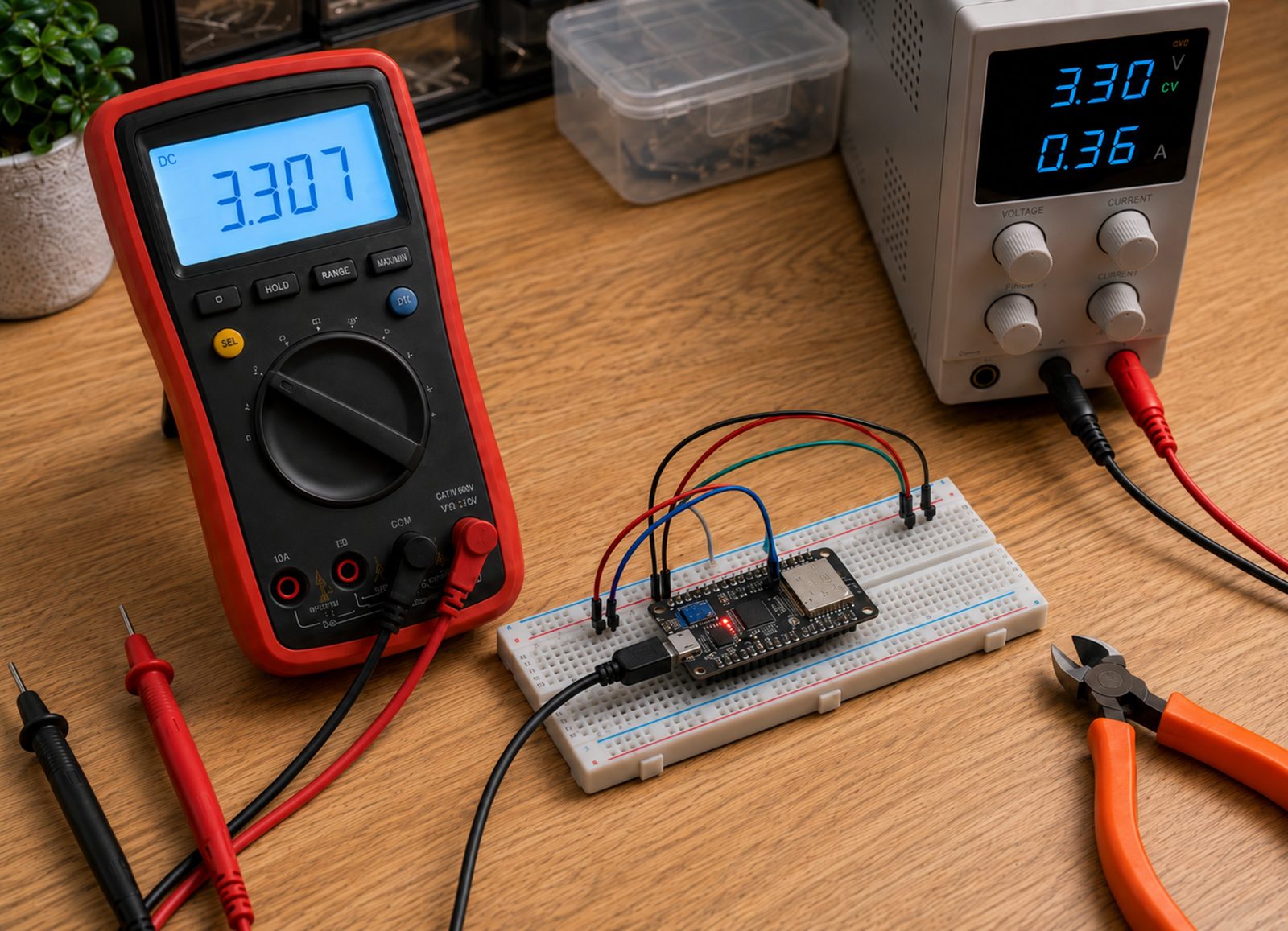 Electronics workbench with multimeter, breadboard and PCBs